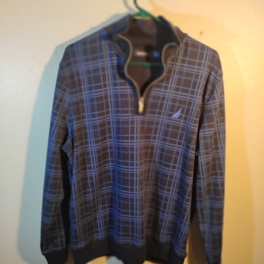 Nautica 1/4 Zip Pullover Men L Brown Blue Plaid Vintage 90s Y2K Sweatshirt